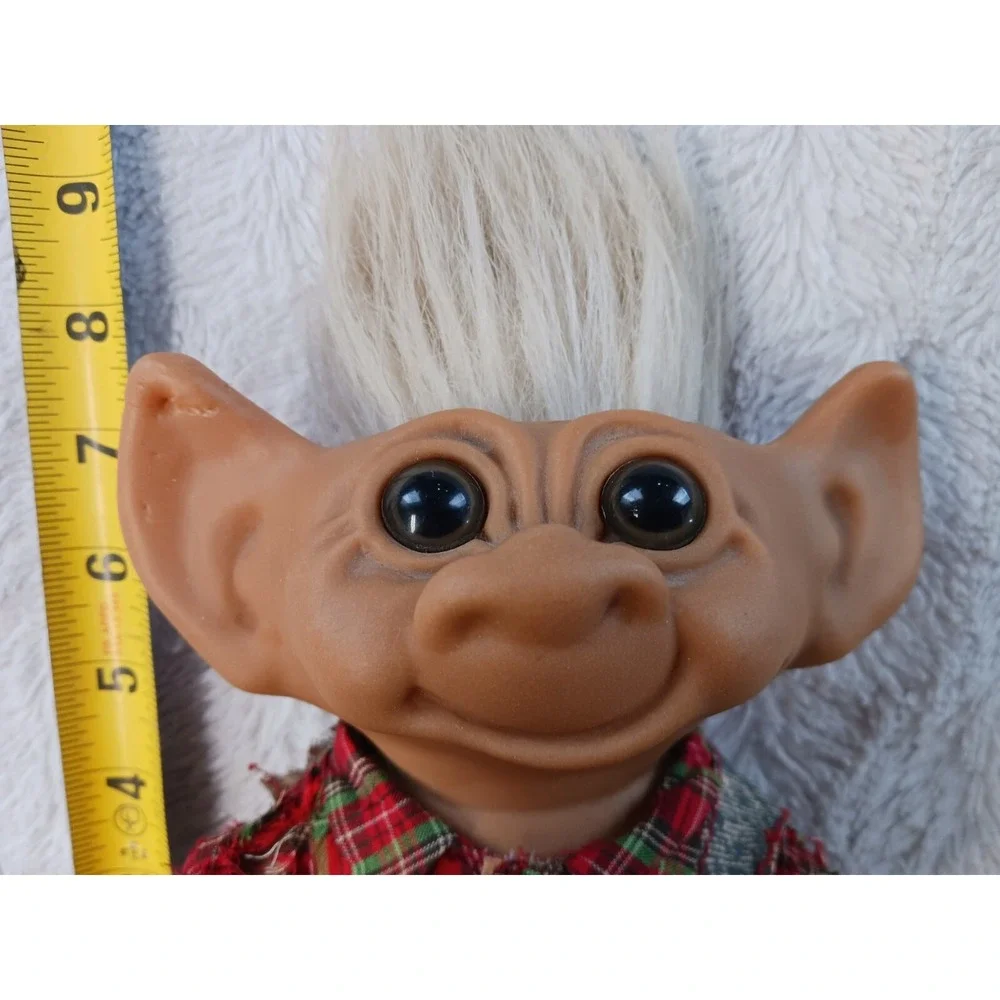 Uneeda WISHNIK Farmer Troll White Hair 8 Inch Doll with Bib Overalls Plaid Shirt